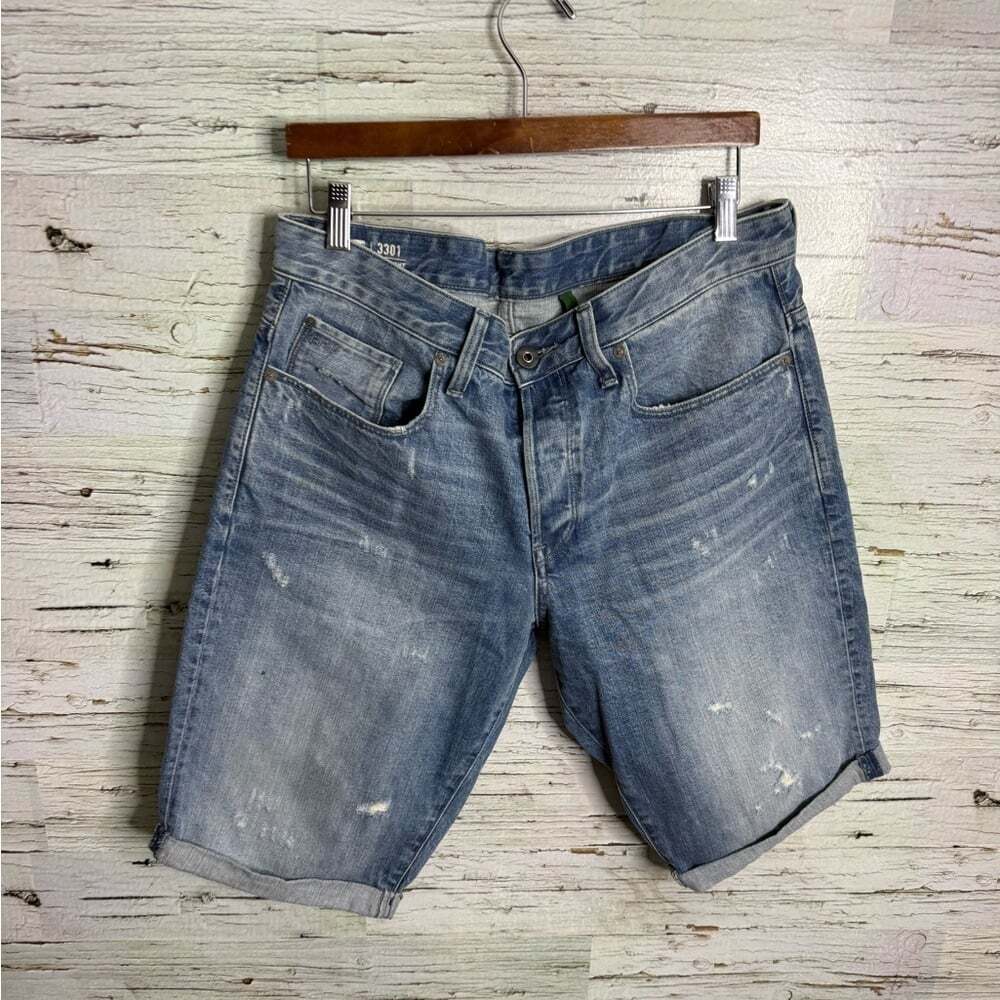 G Star Shorts Mens 33 Blue 3301 Denim Cuffed Jean